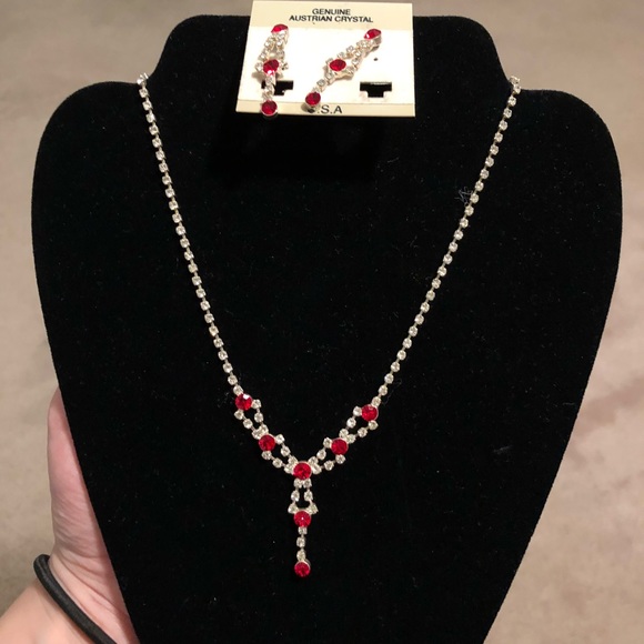 austrian crystal Jewelry - Vintage Y2K Bling Prom Jewelry Set Necklace and Earrings Red Austrian Crystal